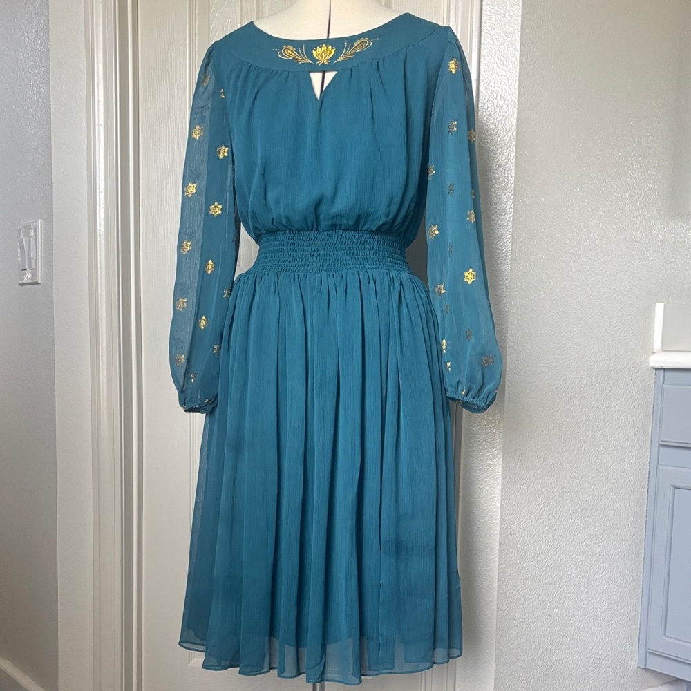 Disney Elegant Teal Floral Embroidered Dress